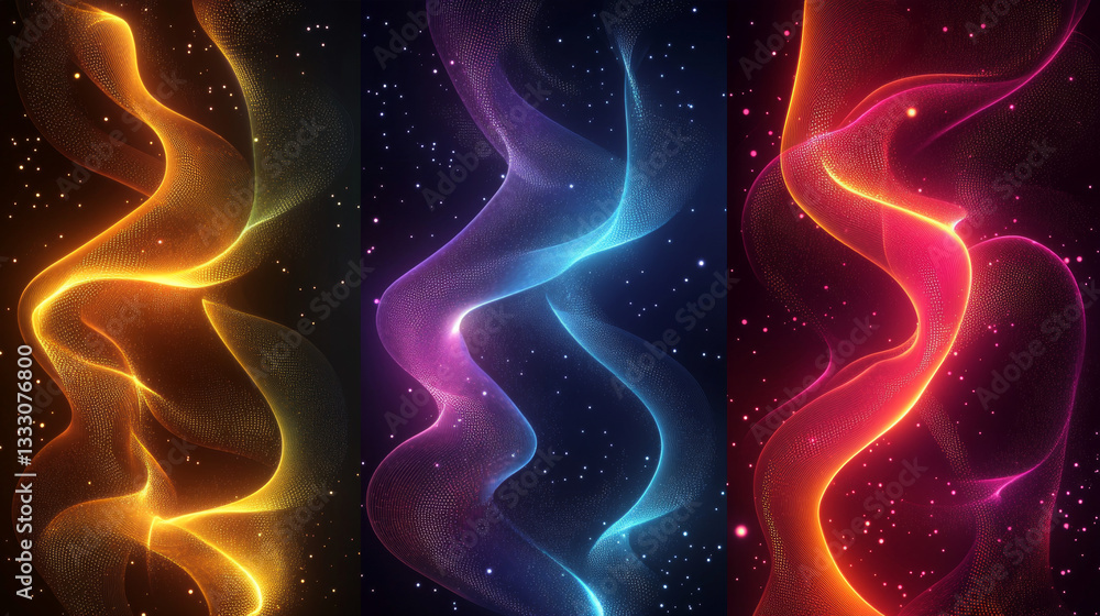 Poster colorful abstract shapes. saturated fluid gradients flux, organic shape with lines and dotted patter