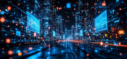 Futuristic Digital Cityscape, Abstract Representation of Data Flow and Connectivity