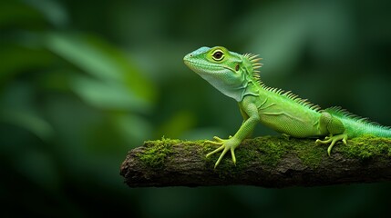A vibrant green lizard perches gracefully on a moss covered branch