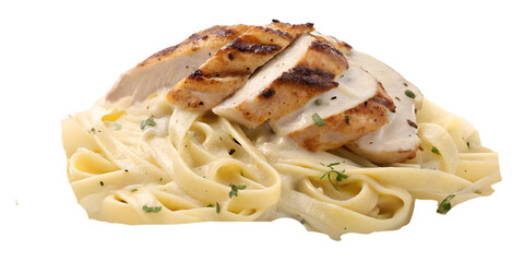 A rich and creamy Alfredo pasta with grilled chicken, broccoli, and a sprinkle of Parmesan cheese