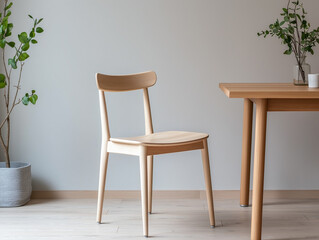 Minimalistischer Holzstuhl neben modernem Tisch in freundlichem Raum

