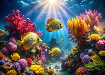 Obraz premium Vibrant Coral Reef with Masked Butterflyfish Underwater Scene Stock Photo