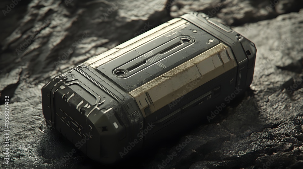 Poster a futuristic device resting on a rocky surface, showcasing sleek design and advanced features. ideal