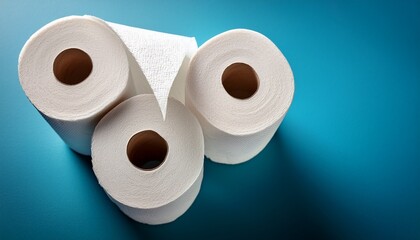 background with four rolls of perforated white toilet paper top