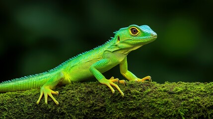 Fototapeta premium A vibrant green lizard perched gracefully on a mossy branch