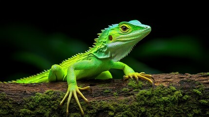 Fototapeta premium A bright green lizard with yellow feet sitting on a log