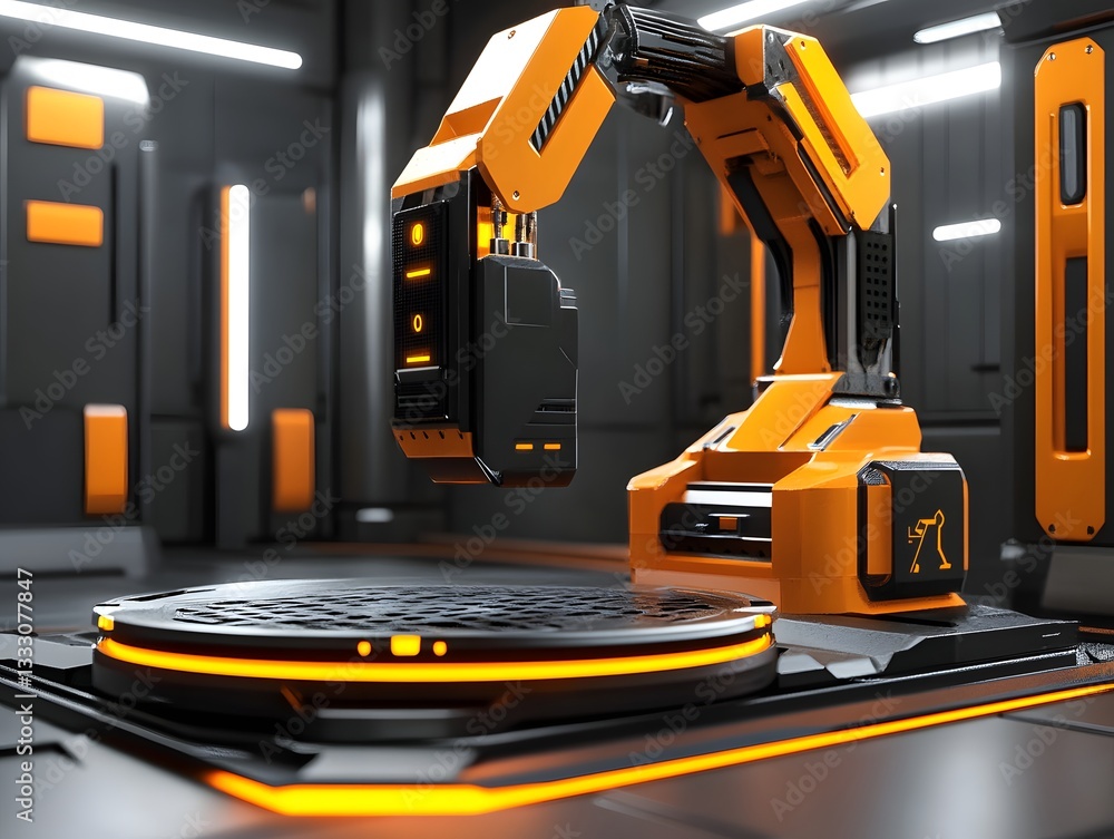 Poster a futuristic robotic arm in a high-tech environment, showcasing advanced engineering and design. ide