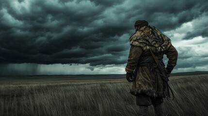 Solitary man faces approaching storm on plain