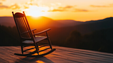 Schaukelstuhl vor malerischem Sonnenuntergang in den Bergen