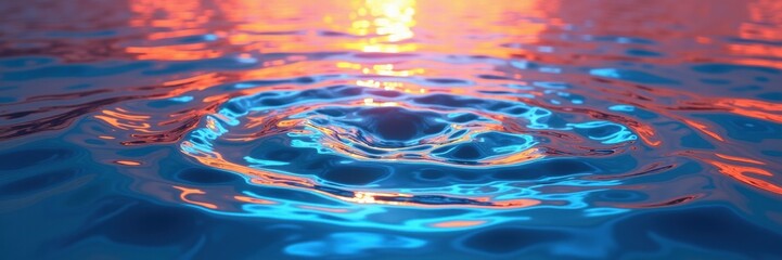 Vibrant ripples in water reflect stunning hues as the sun sets, creating a serene atmosphere perfect for relaxation or tranquility themes in design projects.