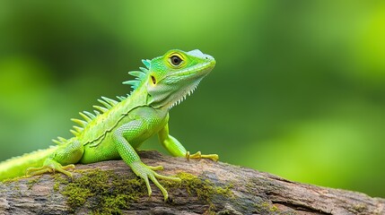 Fototapeta premium A Vibrant Green Lizard Resting on a Mossy Wooden Branch