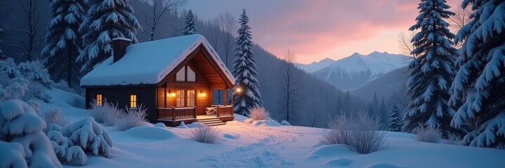 A cozy cabin in a winter landscape, surrounded by snow-covered trees and a serene evening sky, perfect for winter retreats or holiday promotions.