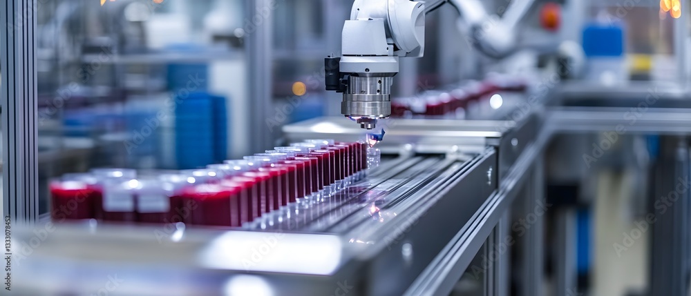 Poster a high-tech robotic arm operates efficiently in a modern production facility, sorting and managing b