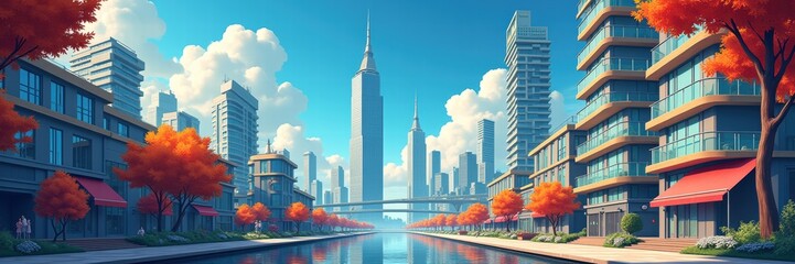 Obraz premium A vibrant cityscape with modern skyscrapers and autumn trees, evoking a sense of urban elegance and creativity, perfect for business or lifestyle projects.