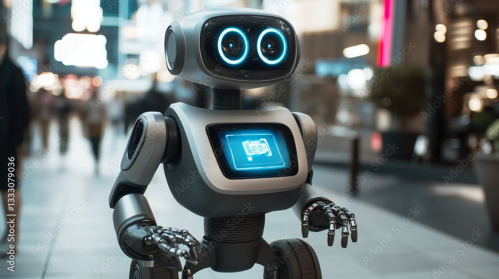 Poster modern gray robot with wheels, grippers and a screen on its chest is standing still and ready to per