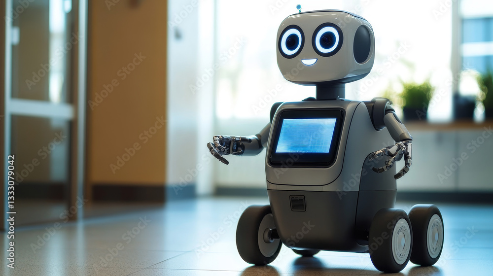 Poster modern gray robot with wheels, grippers and a screen on its chest is standing still and ready to per