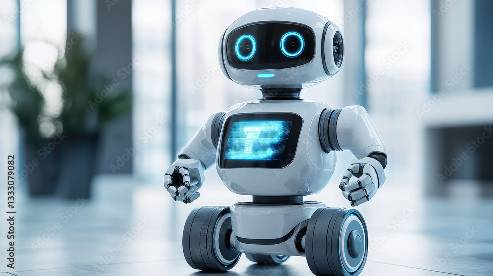 Poster modern gray robot with wheels, grippers and a screen on its chest is standing still and ready to per