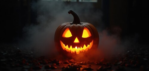 Obraz premium A spooky Halloween pumpkin glowing in the dark, surrounded by mist, perfect for autumn celebrations and festive decorations.