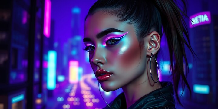 High contrast low key lighting, deep ultraviolet hues, depicting a stunning young woman with sleek futuristic style, electric blue and pink neon eyeliner, holographic highlighter, glossy metallic lips - Powered by Adobe