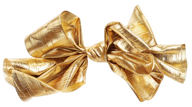 Gold bow ribbon with intricate folds and shimmer isolated on a white background