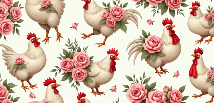 A charming vintage-inspired pattern featuring roosters and pink roses, perfect for farm-themed designs, textiles, and home decor.
