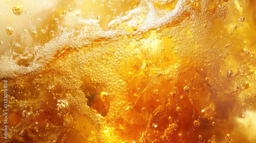 Poster golden bubbles: a close-up of refreshing fizzy drink with intense color