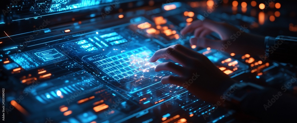 Aufkleber futuristic technology interface with hands typing on holographic keyboard