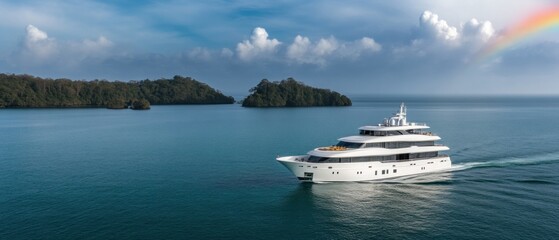 Luxury yacht voyage tropical islands high-resolution image serene waters aerial view nautical adventure