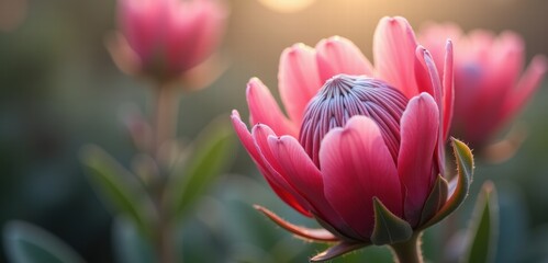 A stunning close-up of a vibrant pink flower bathed in warm sunlight, symbolizing beauty and natures elegance. Ideal for floral arrangements and nature-themed projects.