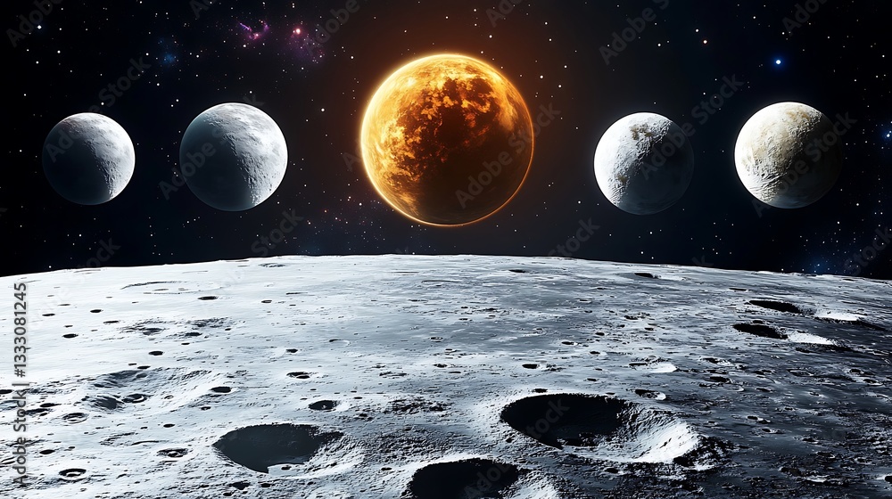 Poster a celestial scene showing multiple planets and a cratered surface