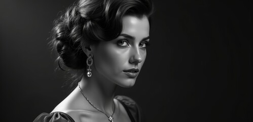 Fototapeta premium Elegant black and white portrait of a woman with vintage styling, showcasing delicate jewelry and poised beauty, perfect for fashion, beauty, or luxury branding.