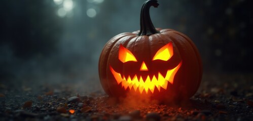 A glowing jack-o-lantern with menacing features, set against a misty background. Perfect for Halloween-themed designs, events, and decorations.