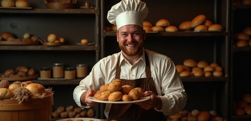Joyful baker presenting fresh bread in a warm bakery setting, showcasing craftsmanship and passion for baking.