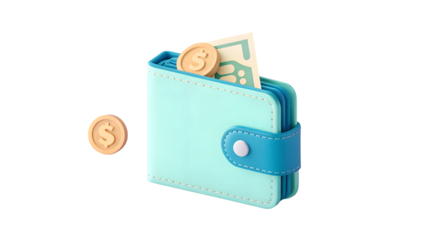 Blue Teal Leather Wallet with Cash and Coins 3D Render Illustration Finance Banking Money Icon Asset - Powered by Adobe