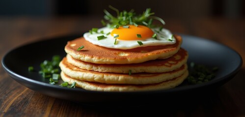 Indulge in a delicious stack of fluffy pancakes topped with a perfectly cooked egg and fresh herbs, ideal for breakfast menus or culinary presentations.