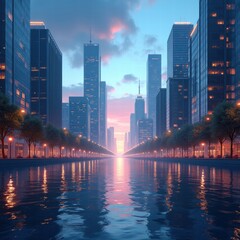 Fototapeta premium A stunning urban skyline at dawn, reflecting in still waters, showcasing modern architecture and a vibrant atmosphere ideal for cityscapes and business visuals.