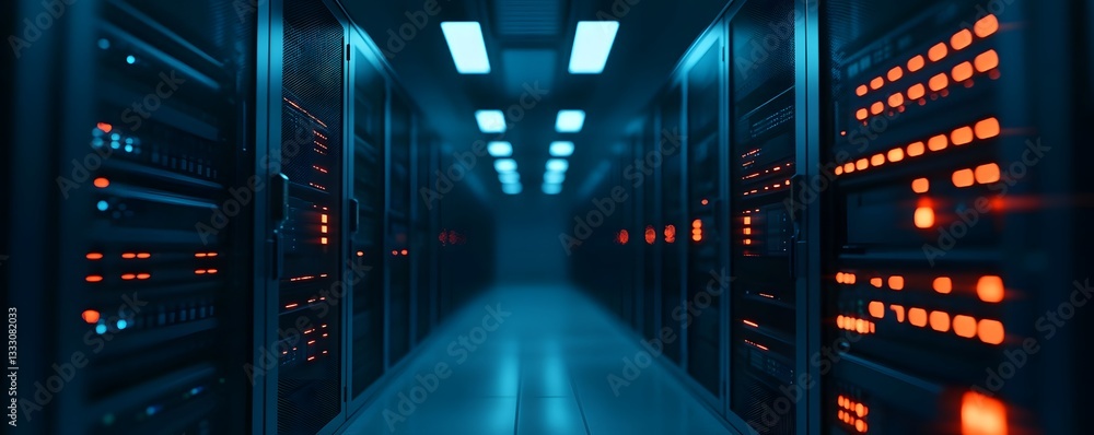 Poster a modern data center corridor filled with rows of servers and blinking lights, showcasing the advanc