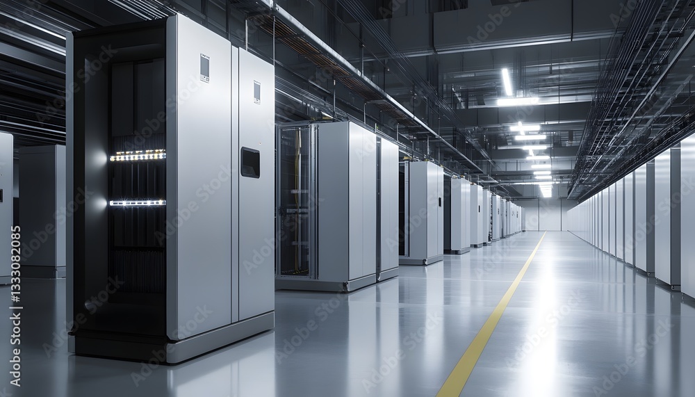 Poster a modern data center showcasing rows of server racks in a well-lit, high-tech environment