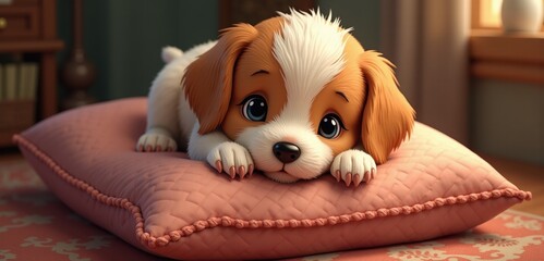 Adorable animated puppy resting on a soft pillow. Perfect for pet care, animation projects, childrens content, or marketing campaigns focused on pets.