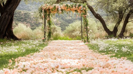 Romantic wedding archway adorned with flowers and rose petals in a garden setting