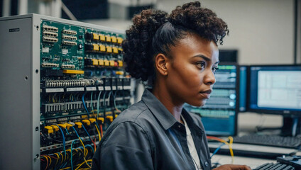 Focused black woman engineer troubleshooting IT and networking equipment