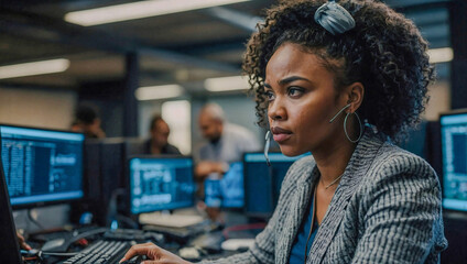 Focused black woman troubleshooting IT support in a tech environment