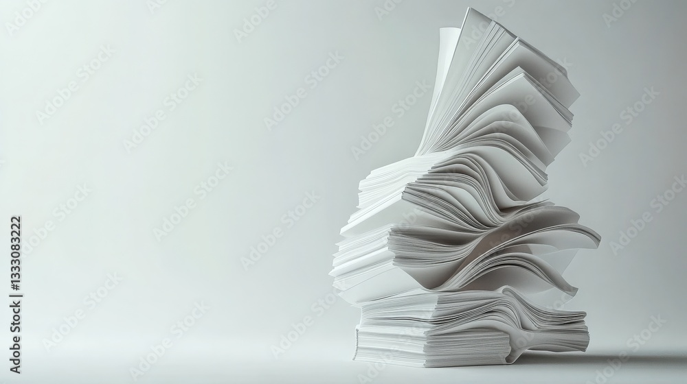 Poster a sophisticated 3d composition with books stacked and tilted in various angles, forming an abstract 