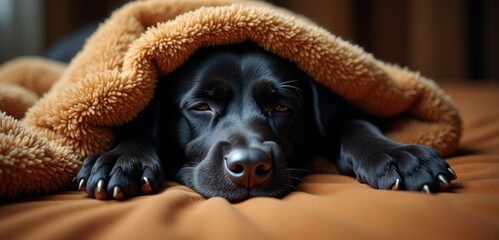 A cozy black Labrador resting under a warm blanket, exuding comfort and serenity. Perfect for pet care, lifestyle, or home decor industries.