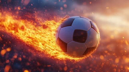 Fototapeta premium A soccer ball flying with a fiery trail following it, set against a dynamic background with intense, blazing colors and motion effects.