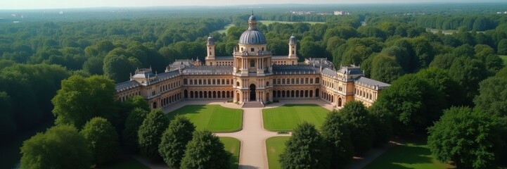Obraz premium A stunning aerial view of a grand historical mansion surrounded by lush greenery, perfect for showcasing elegance and heritage in real estate or tourism.