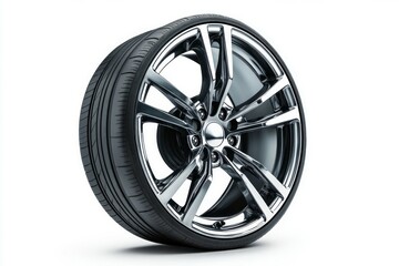 Obraz premium Glossy black car wheel on white background. Artificial Intelligence