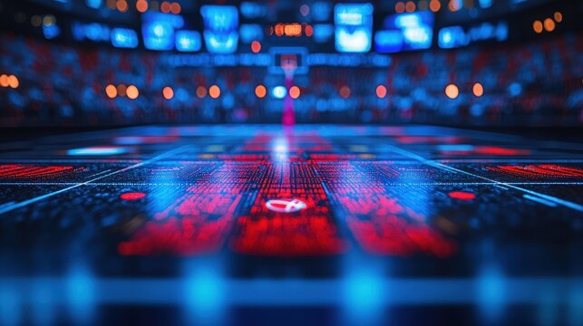 A digital bracket of the March Madness tournament, with team logos and paths to the championship, set against a basketball-themed background.