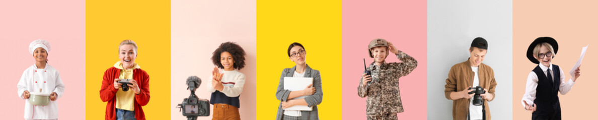 Group of teenagers of different professions on color background