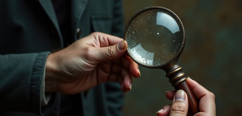A close-up view of a hand holding a vintage magnifying glass, symbolizing investigation, detail orientation, and discovery in various professional fields.